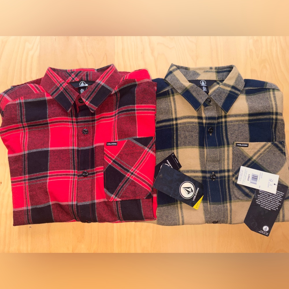 Lot of 2 brand new w tags Volcom Boys' Caden Plaid Long Sleeve Flannel Shirt SzL